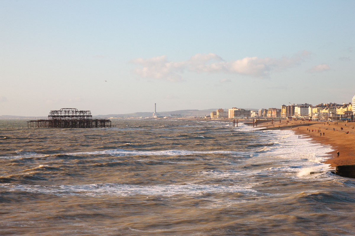 Remains of the back section of Brighton West Pier in 2012, showing its rusted skeletal ironwork against the sea and sky