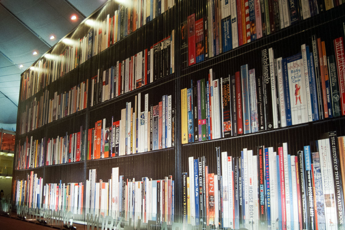 An oversized bookshelf in the Learning Zone (Millennium Dome exhibition)