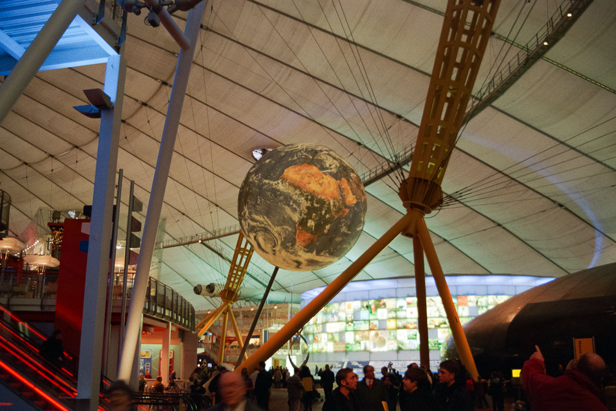 A 12-metre model of Earth, a key landmark for visitors navigating the Millennium Dome exhibition