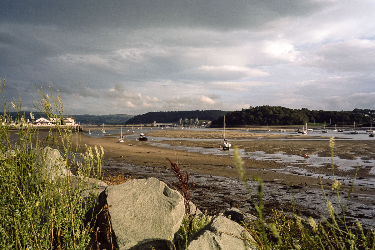 At low tide, you can follow the sandy shore toward the imposing Conwy Castle.
