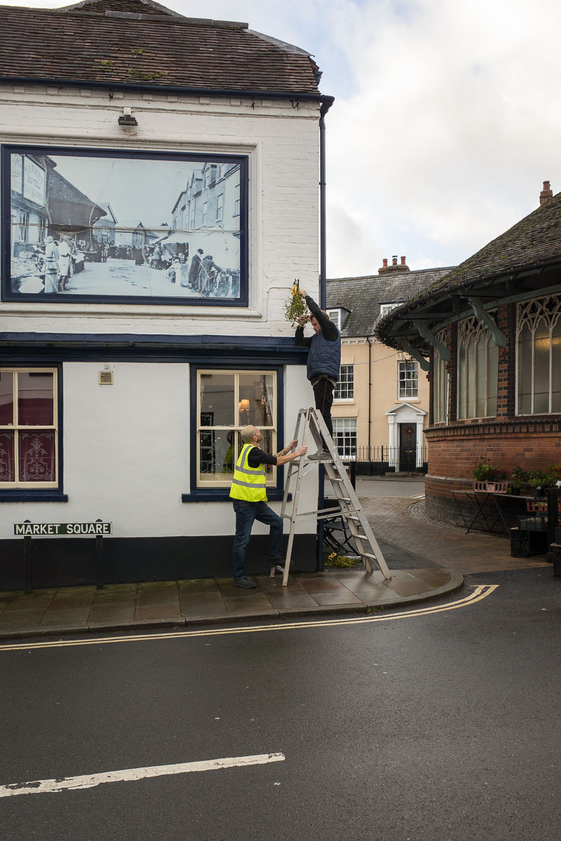 Locals hang mistletoe during Tenbury Mistletoe Festival