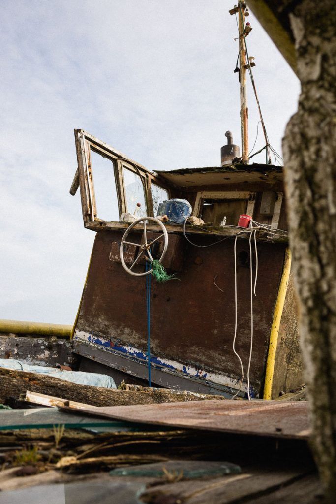 Inside an abandoned fishing boat on Hastings Beach