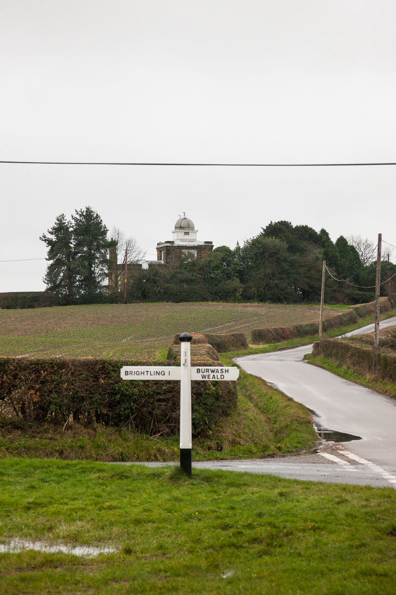 Brightling Observatory, a domed brick building on the Brightling–Burwash road