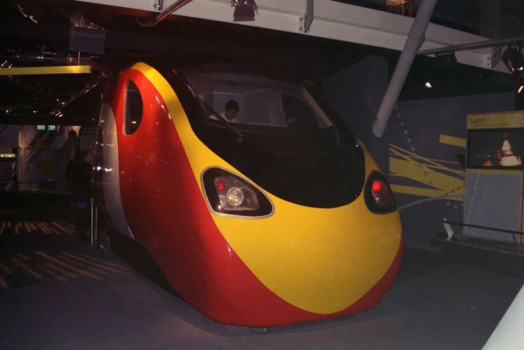 A full-sized Pendolino train, a sleek design not yet running on Britain's rails